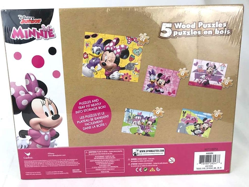 Disney Minnie Mouse 5 Wood Jigsaw Puzzles in Wood Storage Box