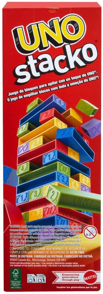 Mattel Games UNO Stacko Game for Kids & Family with 45 Colored Stacking Blocks & Loading Tray, Build & Play, Game Nights & Parties