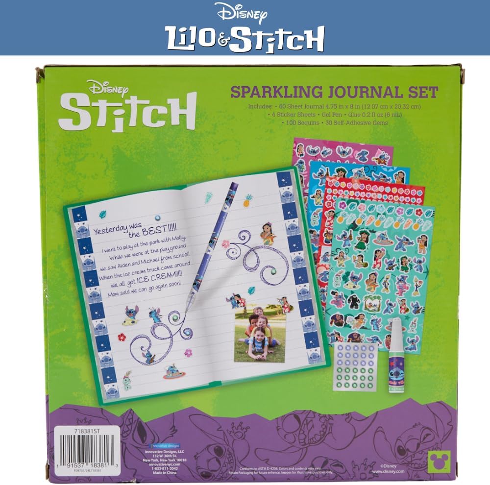 Innovative Designs Disney Stitch Sparkle Journal Set for Kids, Journal Kit with Stickers and Gems
