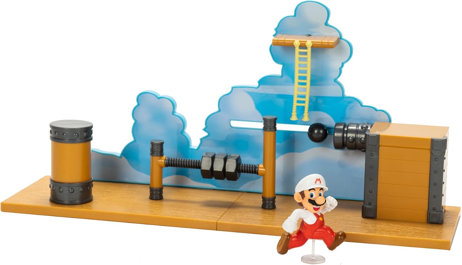 Super Mario Deluxe 2.5in Bowser's Air Ship Playset with Fire Mario Action Figure, Rope Ladder and Screw-Bolt Obstacles