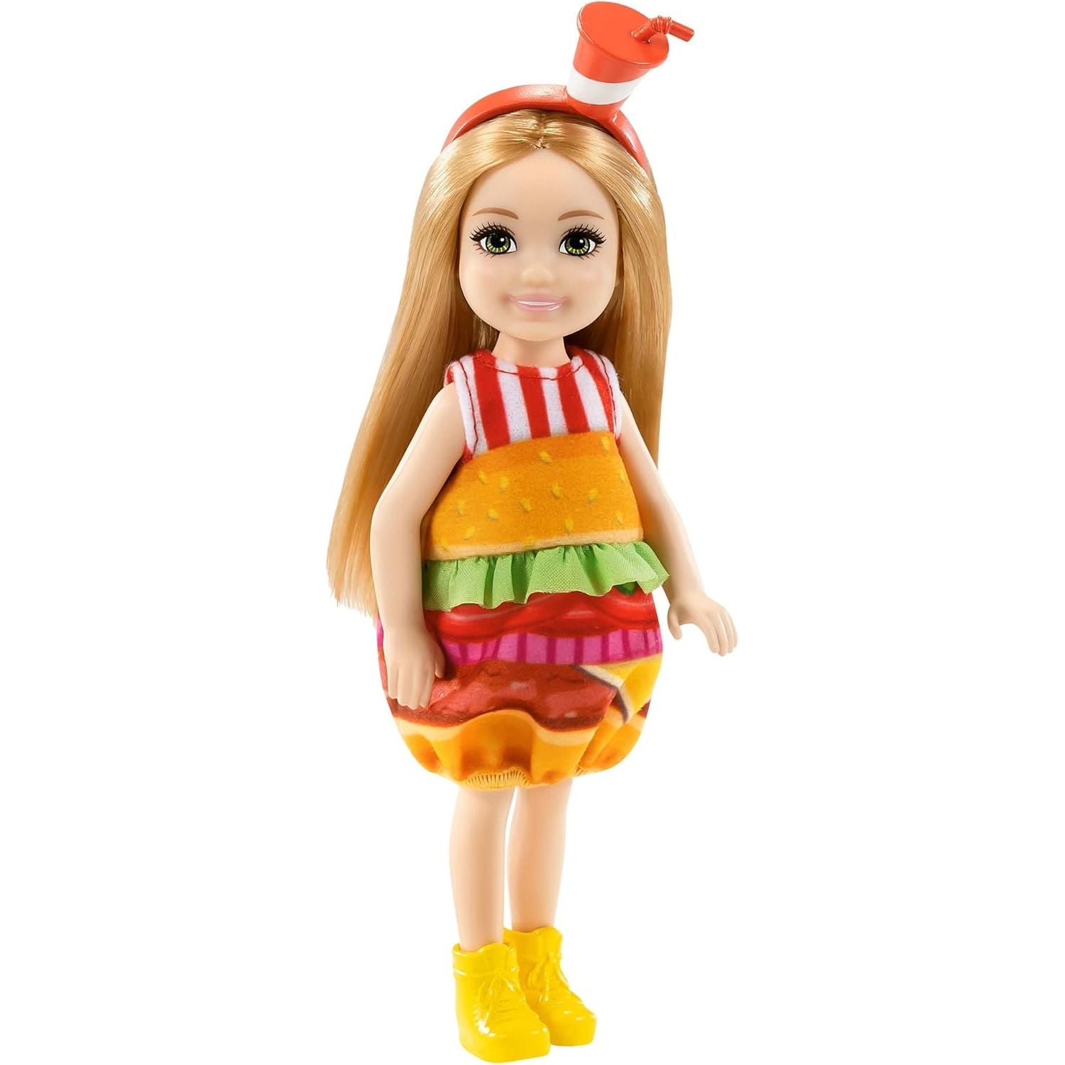 Barbie Club Chelsea Dress-Up Doll (6-inch Blonde) in Burger Costume with Pet and Accessories, Gift for 3 to 7 Year Olds