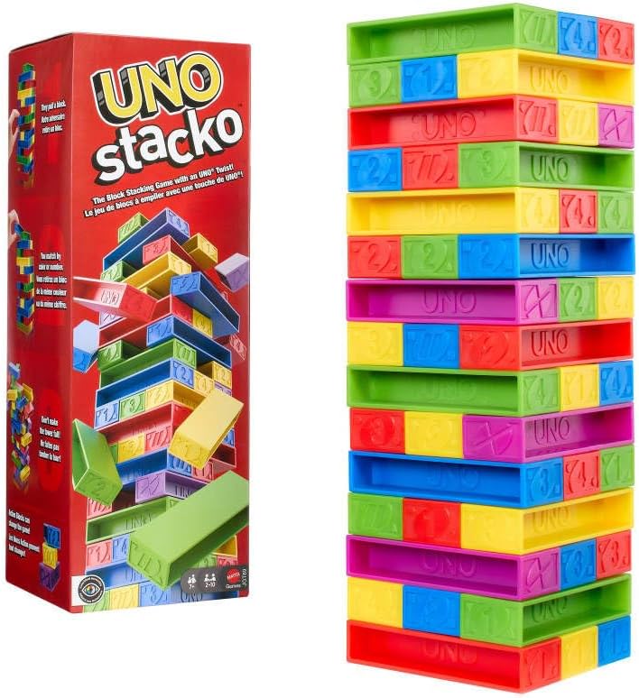 Mattel Games UNO Stacko Game for Kids & Family with 45 Colored Stacking Blocks & Loading Tray, Build & Play, Game Nights & Parties
