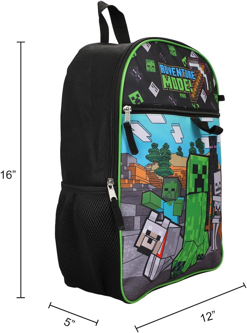 BIOWORLD Unisex Minecraft Adventure Mode 5-Piece Backpack set (Little Kid/Big Kid), Green, One size
