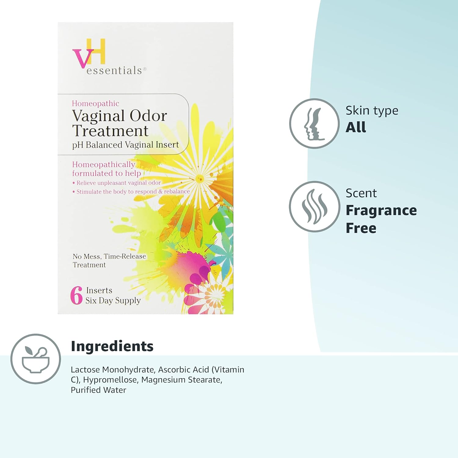 VH essentials Vaginal Odor Treatment, pH Balanced Suppositories, 6 Tablets