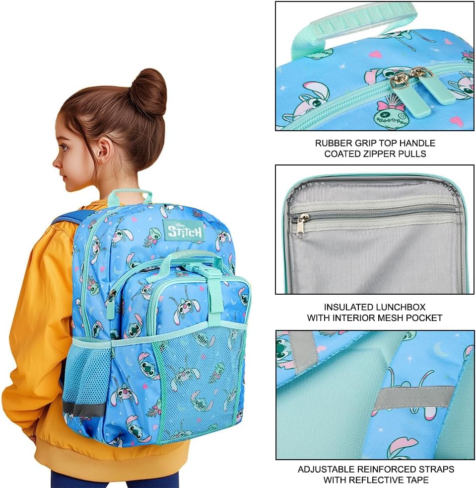 Bioworld Disney's Stitch 2-Piece 16" Premium Youth Backpack & Lunch Kit Set For Girls