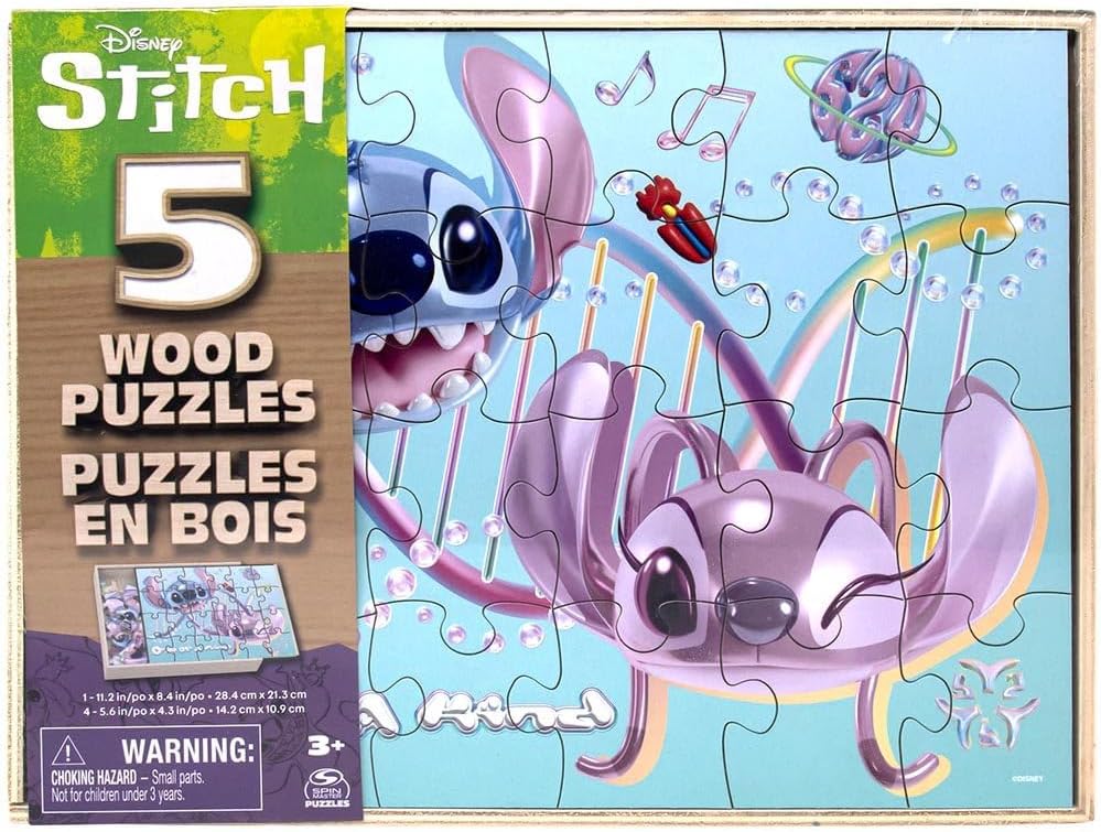 Disney Stitch 5-Pack Wooden Puzzles for Kids with Storage Tray