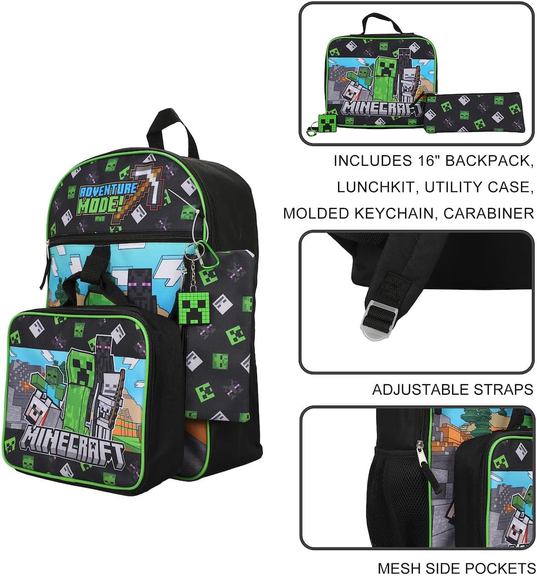 BIOWORLD Unisex Minecraft Adventure Mode 5-Piece Backpack set (Little Kid/Big Kid), Green, One size