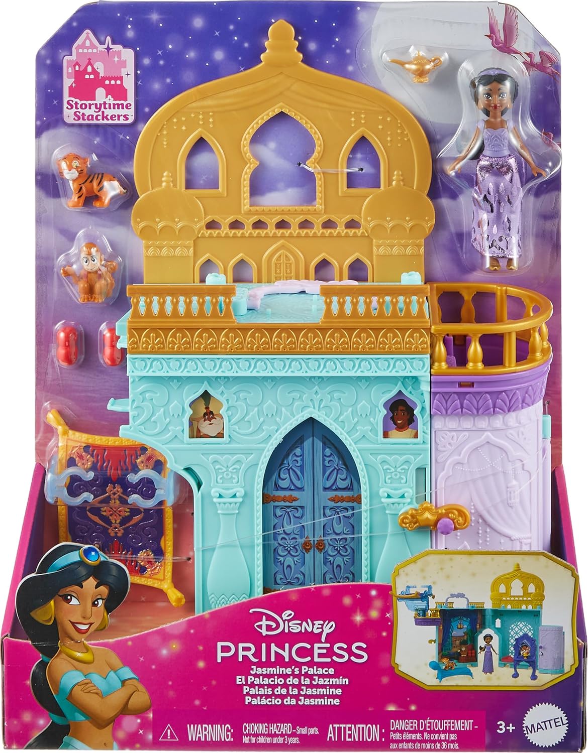 Mattel Disney Princess Jasmine Doll House Stackable Castle with Small Jasmine Doll, 2 Character Friends & 7 Accessories