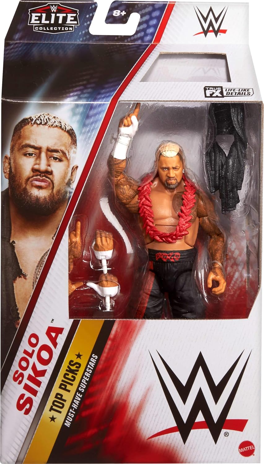 Mattel WWE Elite Collection Top Picks Action Figure & Accessories Set, Sola Sikoa 6-inch Collectible with Swappable Hands, Ring Gear & 25 Articulation Points