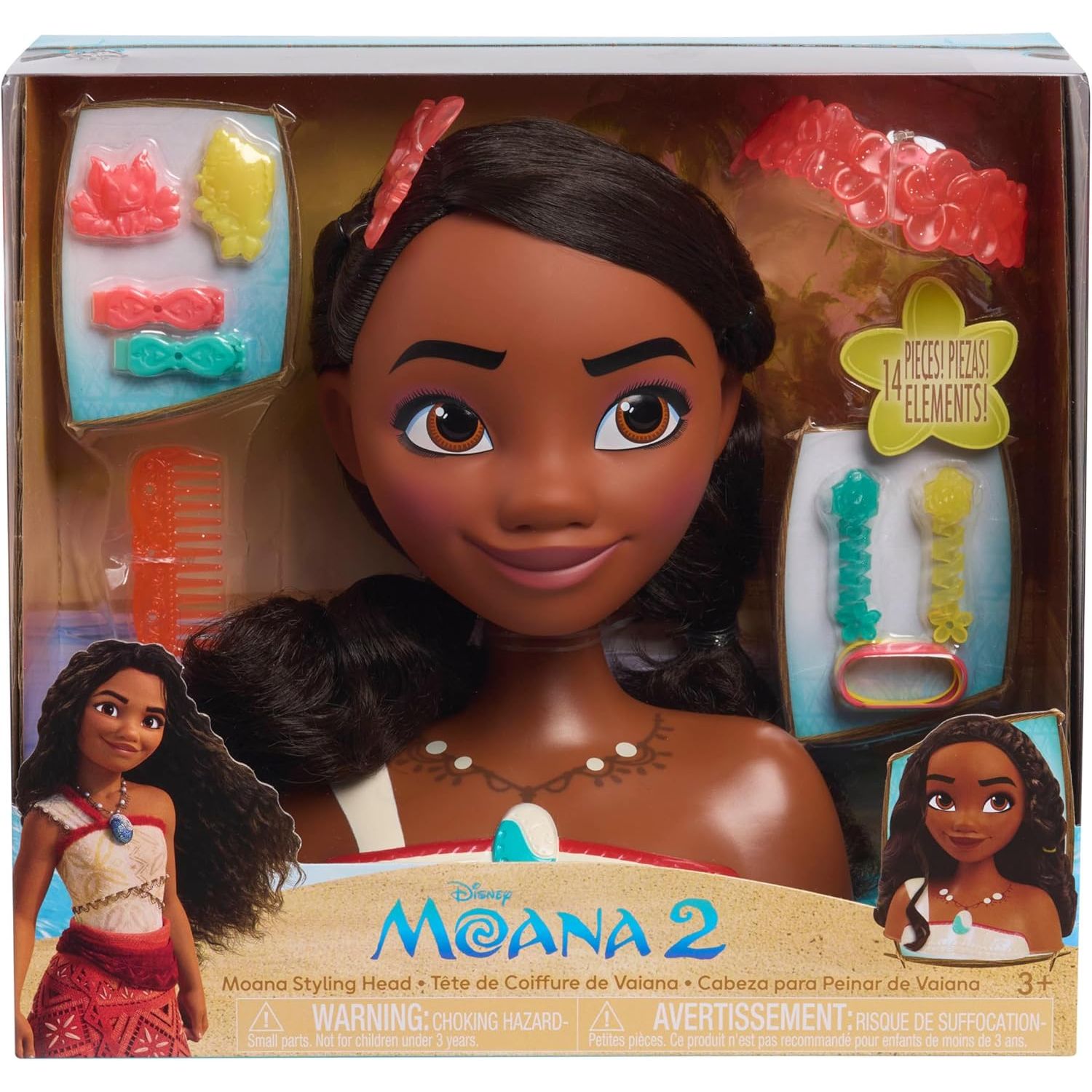 Disney Princess Moana 2 Styling Head, 14-Pieces, Pretend Play, Kids Toys for Ages 3 Up by Just Play