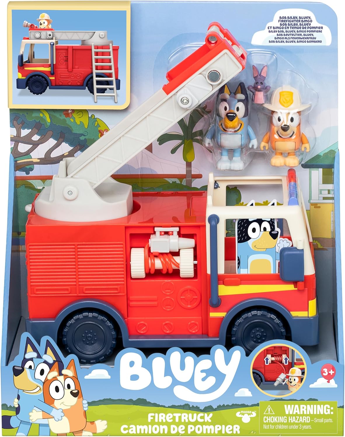 Bluey Firetruck Toy Playset with Firefighter Bingo, Bluey & Bob Bilby, Toddler Fire Truck w/ Spinning Ladder, Water Hoses for Kids Ages 3+
