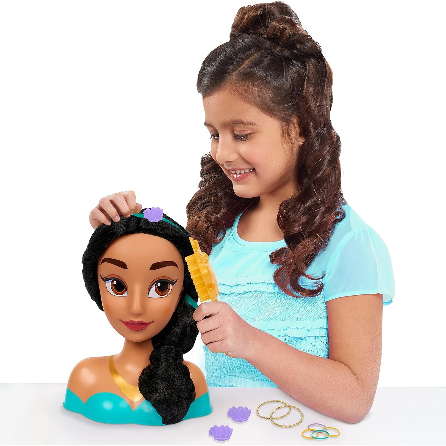 Disney Princess Jasmine Styling Head with Accessories, 14-pieces, Black Hair and Brown Eyes, Kids Toys for Ages 3 Up by Just Play