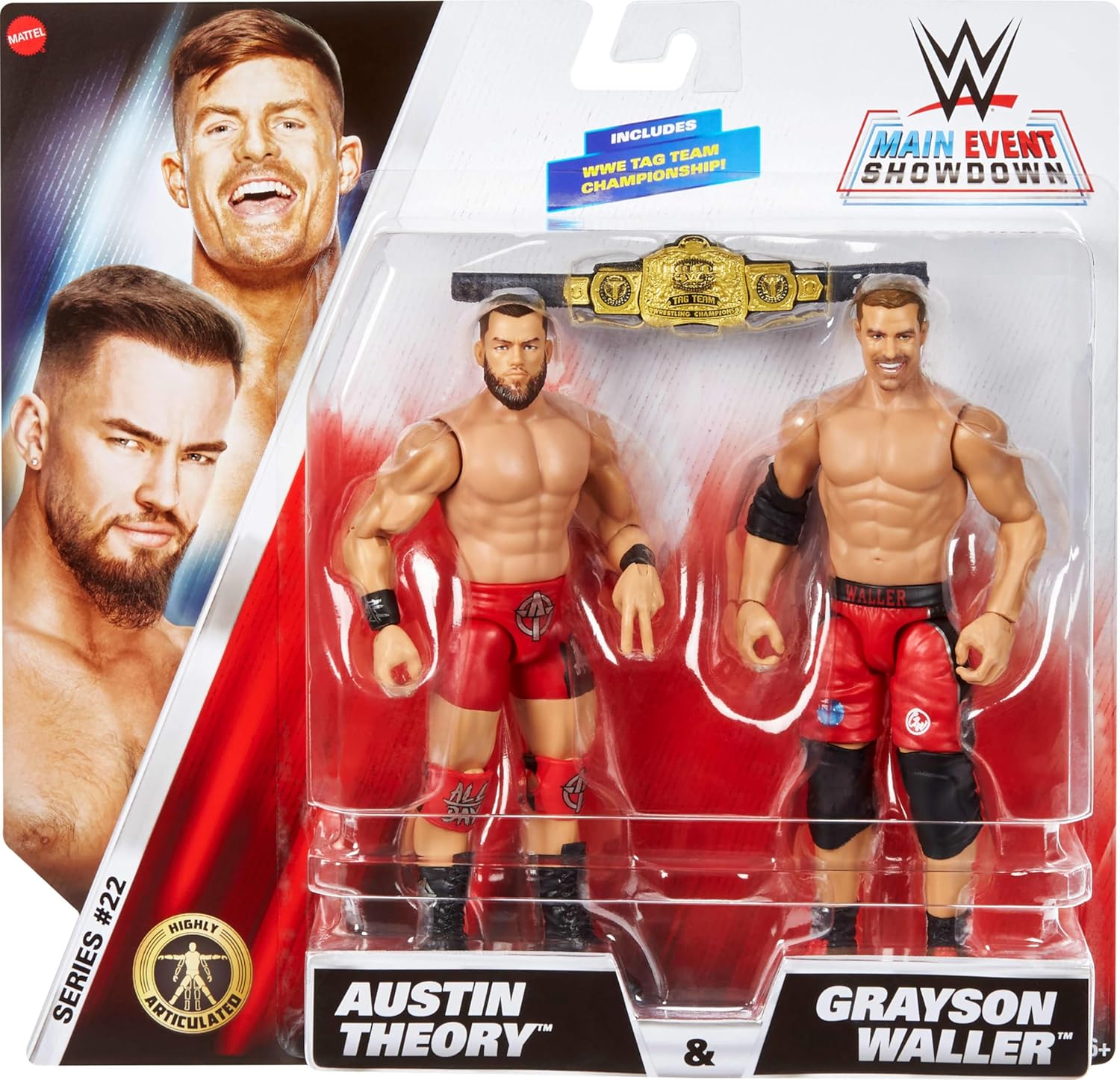 Mattel WWE Main Event Showdown Action Figures 2-Pack with Accessory, Series #22 Austin Theory & Grayson Waller Collectible Set, 6-inch
