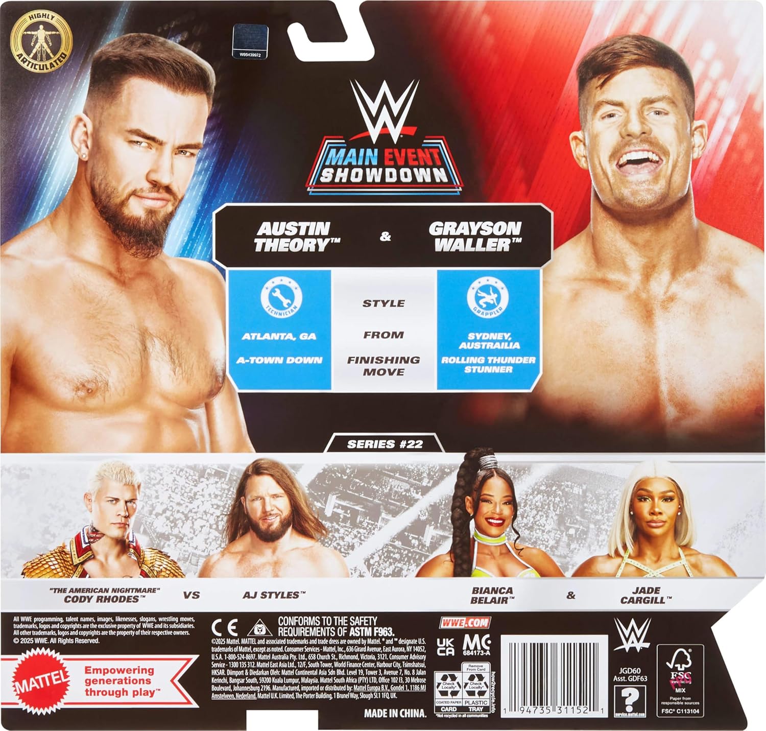 Mattel WWE Main Event Showdown Action Figures 2-Pack with Accessory, Series #22 Austin Theory & Grayson Waller Collectible Set, 6-inch
