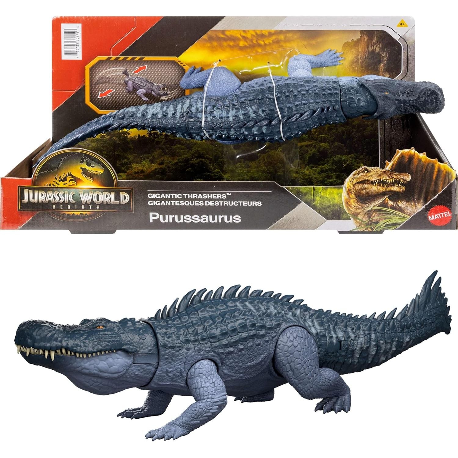 Mattel Jurassic World Rebirth Gigantic Thrashers Dinosaur Figure, Purussaurus Large Species Toy, 2 Rampage Attacks, Digital Play