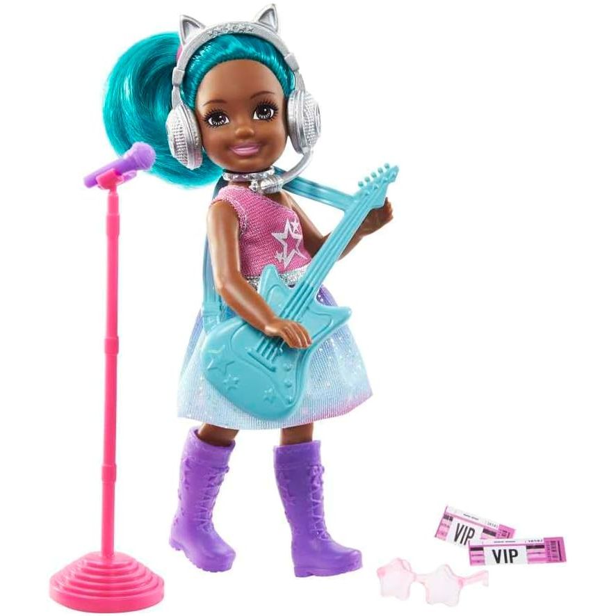 Barbie Chelsea Can Be Playset with Brunette Chelsea Rockstar Doll (6-in), Guitar, Microphone, Headphones, 2 VIP Tickets, Star-Shaped Glasses, Great Gift for Ages 3 Years Old & Up