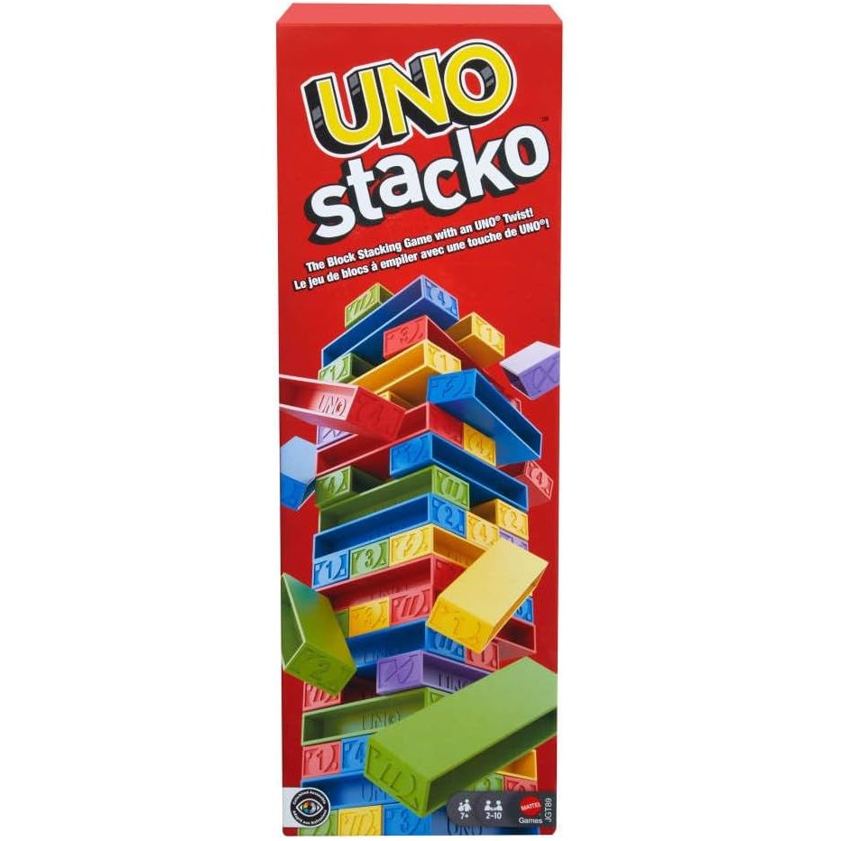 Mattel Games UNO Stacko Game for Kids & Family with 45 Colored Stacking Blocks & Loading Tray, Build & Play, Game Nights & Parties