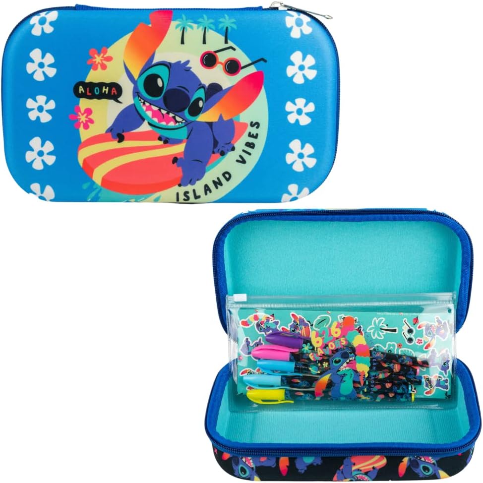 Innovative Designs Disney Stitch Pencil Case Set with Stickers and Gel Pens for Kids, Molded with Zip Closure, Blue
