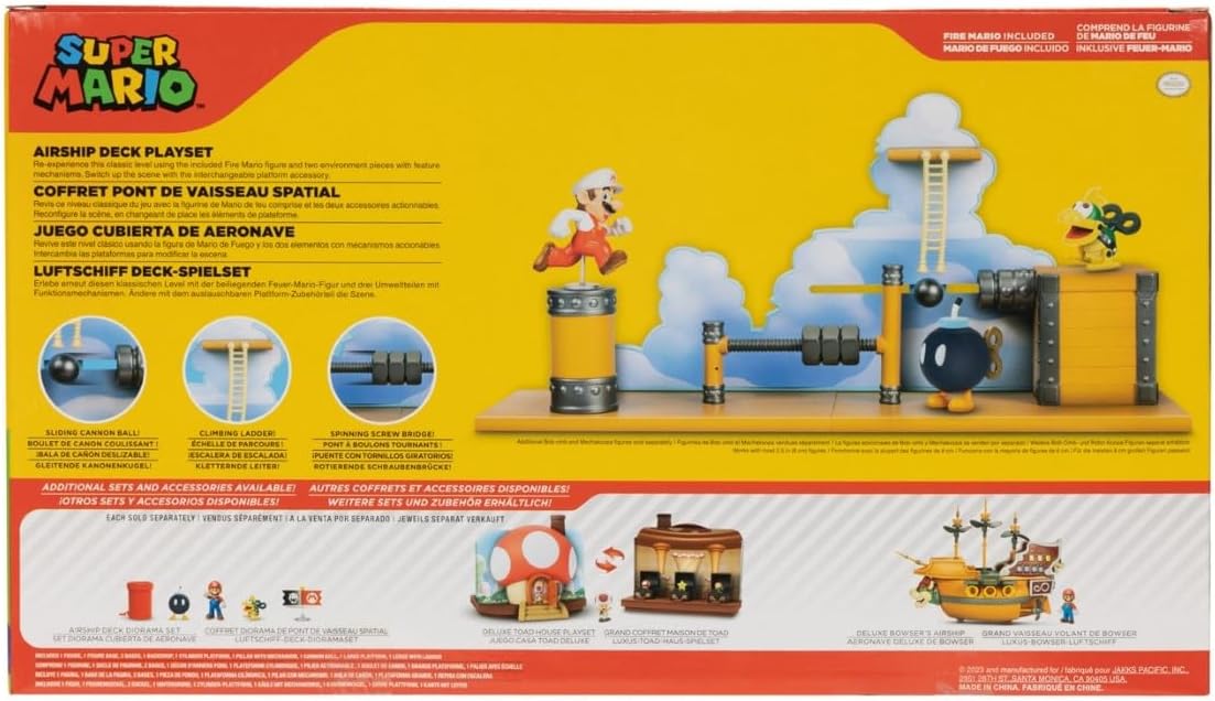 Super Mario Deluxe 2.5in Bowser's Air Ship Playset with Fire Mario Action Figure, Rope Ladder and Screw-Bolt Obstacles