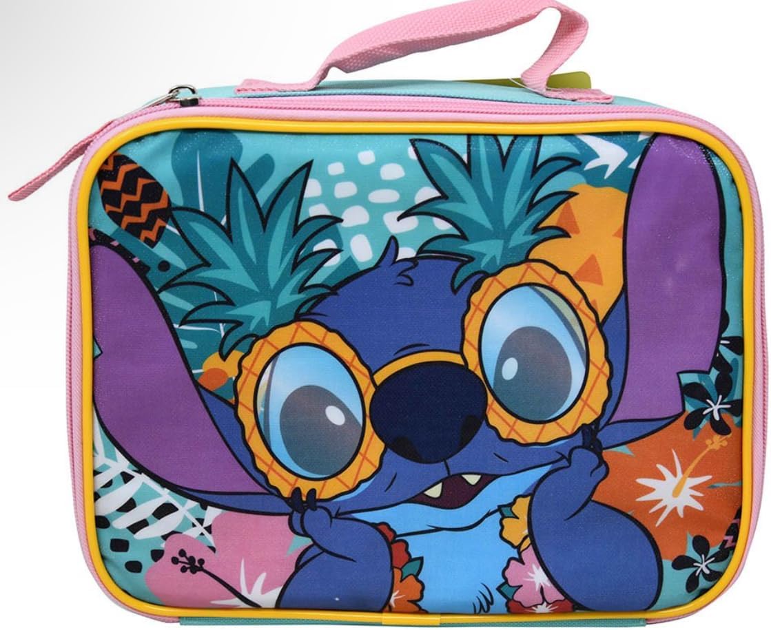 Disney Stitch- Stitch Rectangle Insulated Lunch Bag, Tropical Design, Pink and Blue