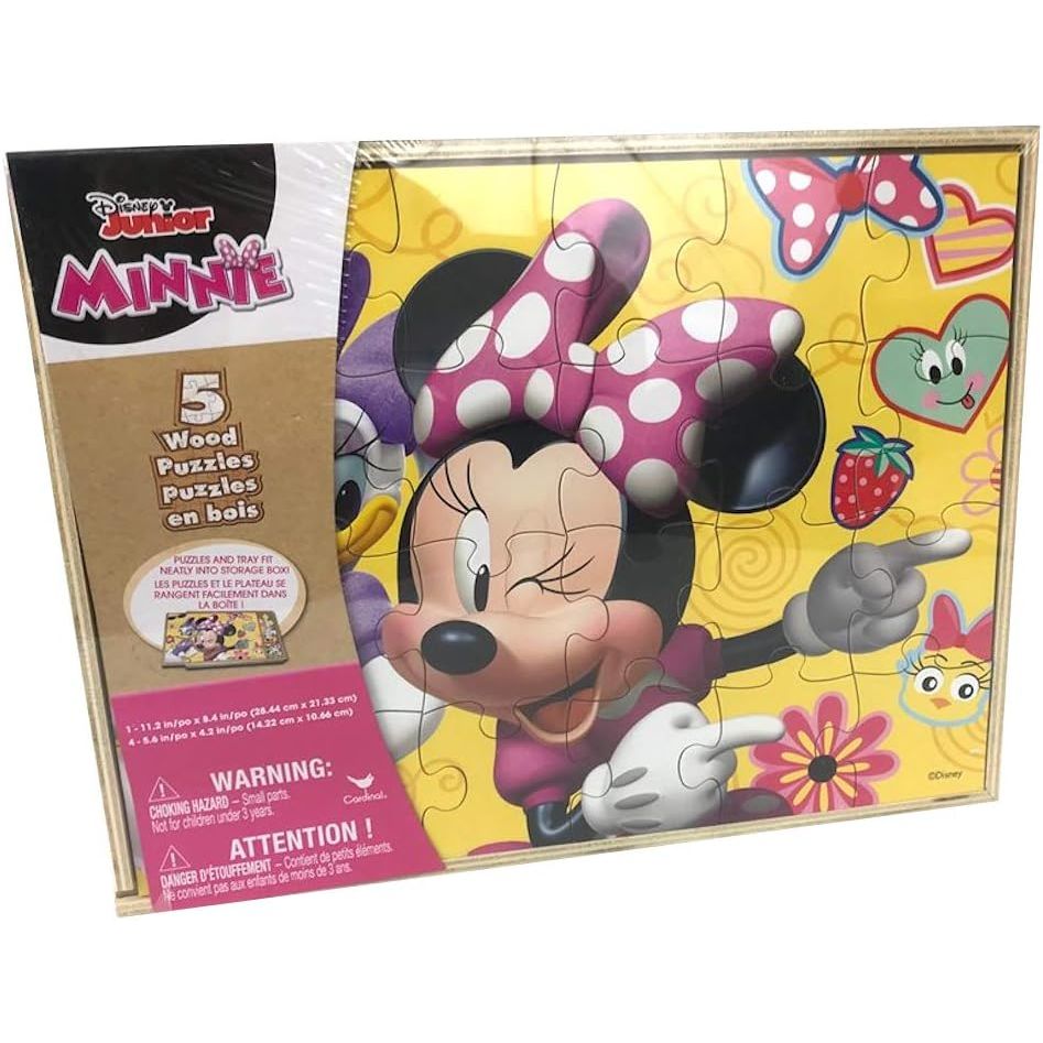 Disney Minnie Mouse 5 Wood Jigsaw Puzzles in Wood Storage Box