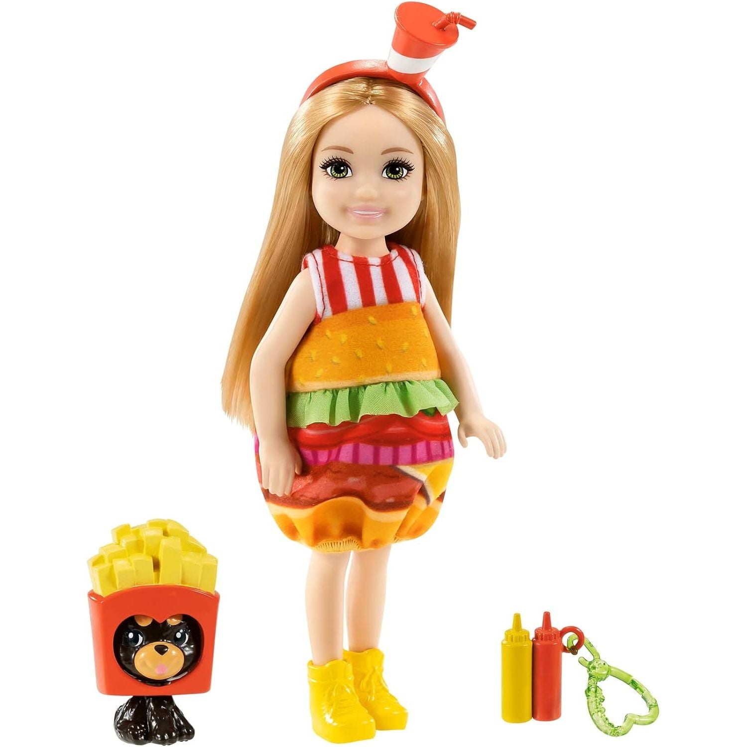 Barbie Club Chelsea Dress-Up Doll (6-inch Blonde) in Burger Costume with Pet and Accessories, Gift for 3 to 7 Year Olds