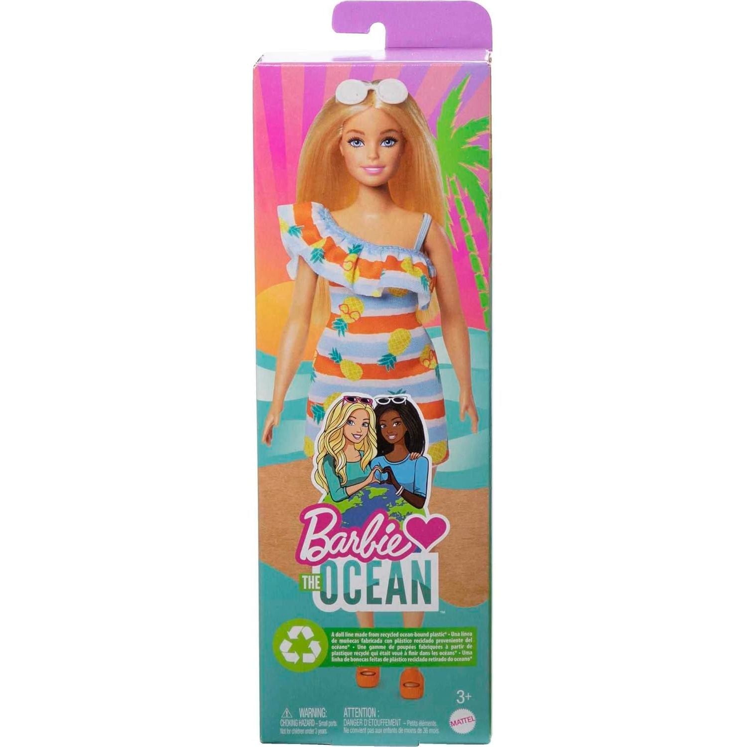 Barbie Loves the Ocean Doll with Blonde Hair Wearing Floral Sundress & Accessories, Fashion Doll & Clothes Made from Recycled Plastics