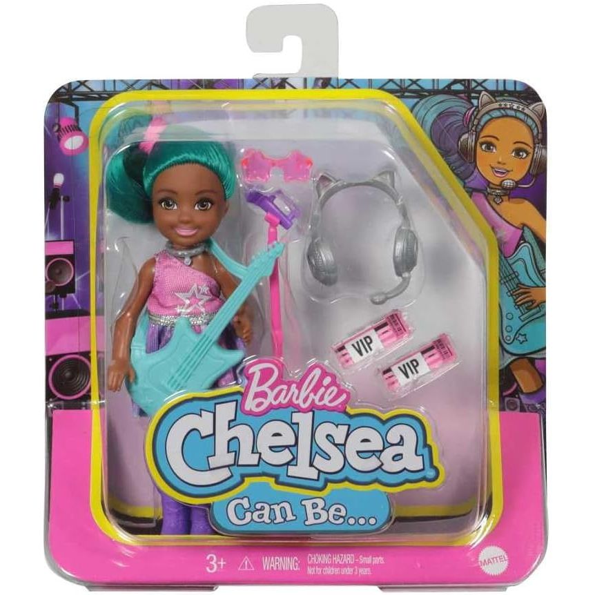 Barbie Chelsea Can Be Playset with Brunette Chelsea Rockstar Doll (6-in), Guitar, Microphone, Headphones, 2 VIP Tickets, Star-Shaped Glasses, Great Gift for Ages 3 Years Old & Up