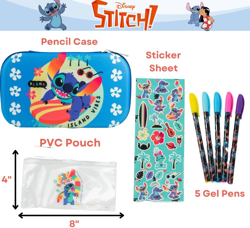 Innovative Designs Disney Stitch Pencil Case Set with Stickers and Gel Pens for Kids, Molded with Zip Closure, Blue