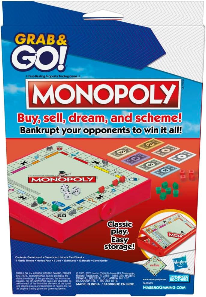 Monopoly Grab and Go Game for Ages 8 and Up, Travel Game for 2-4 Players