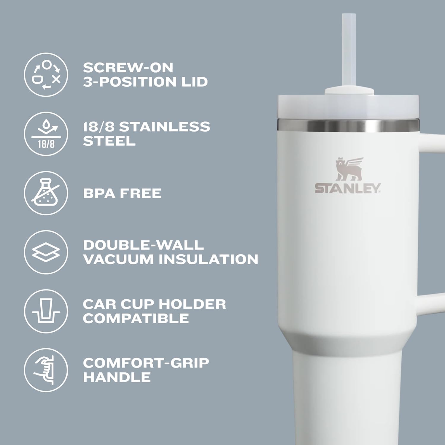 STANLEY Quencher H2.0 Tumbler with Handle and Straw 30 oz | Flowstate 3-Position Lid | Cup Holder Compatible for Travel | Insulated Stainless Steel Cup | BPA-Free | Frost