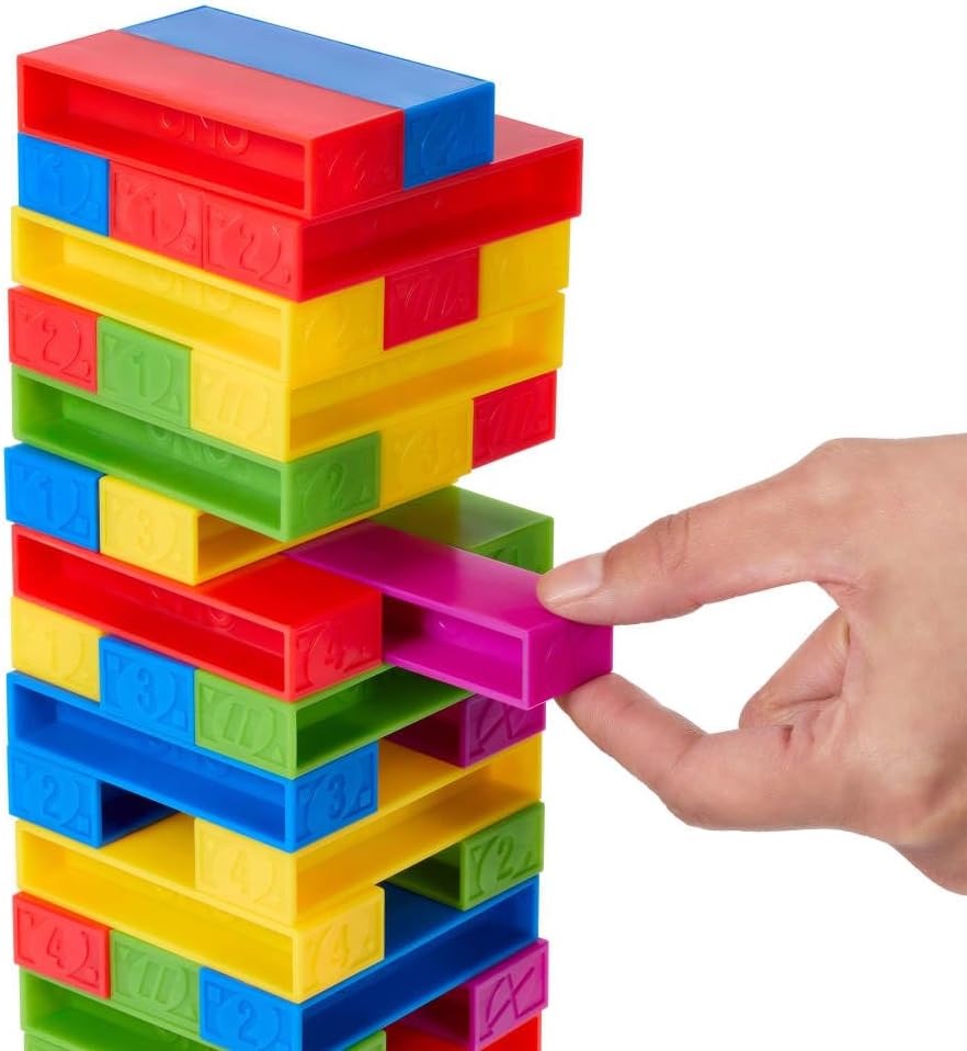 Mattel Games UNO Stacko Game for Kids & Family with 45 Colored Stacking Blocks & Loading Tray, Build & Play, Game Nights & Parties