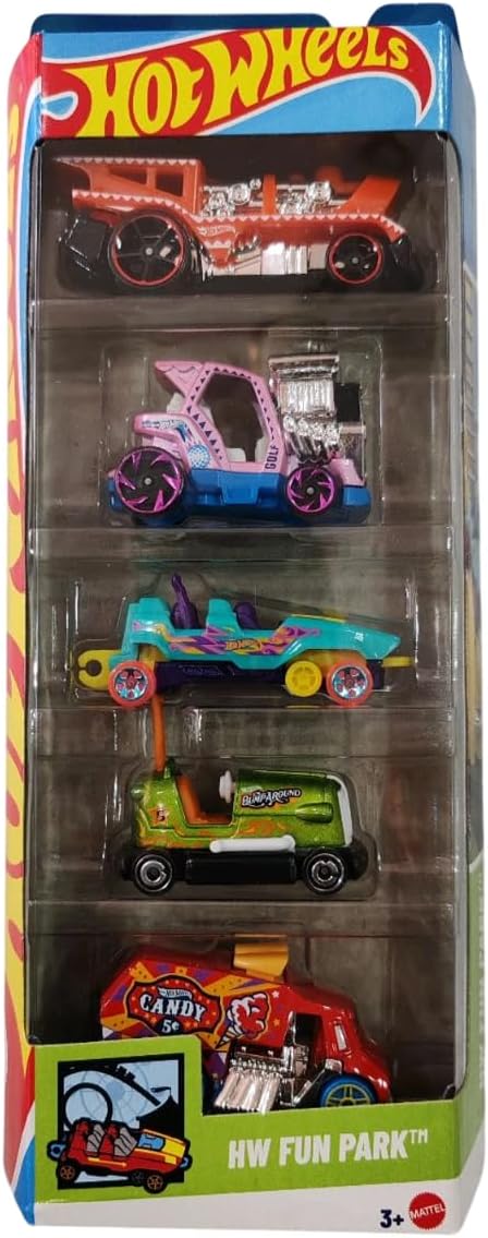 Hot Wheels Car 2025 HW Fun Park Pack of 5 (Bump Around, Loopster, Cool One, Loco Motorin, Tee'd Off 2) Multi - Color