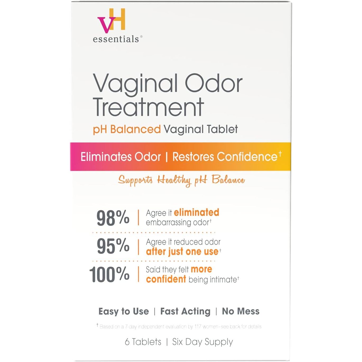 VH essentials Vaginal Odor Treatment, pH Balanced Suppositories, 6 Tablets