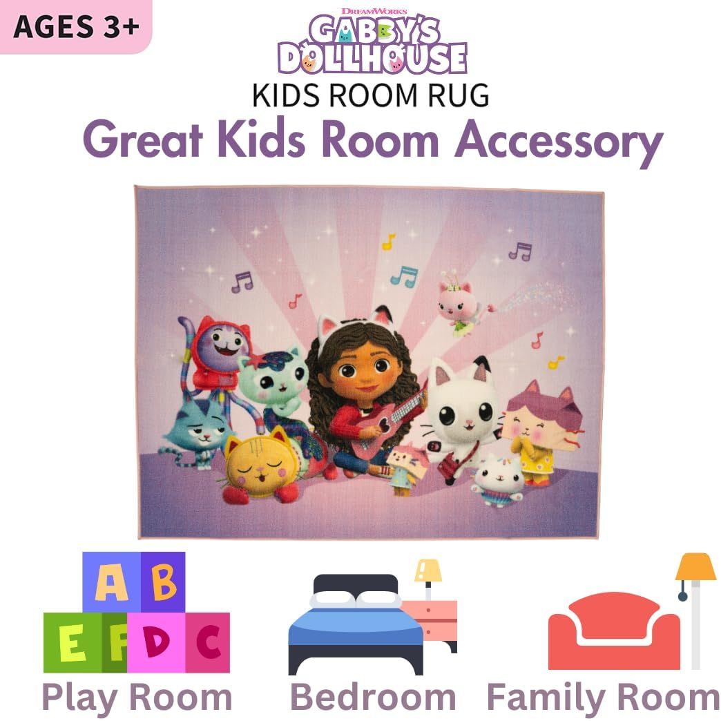 DreamWorks Gabby's Dollhouse Kids Room Non Slip Area Rug, 69 in x 52 in, (Official Licensed Product) by Franco