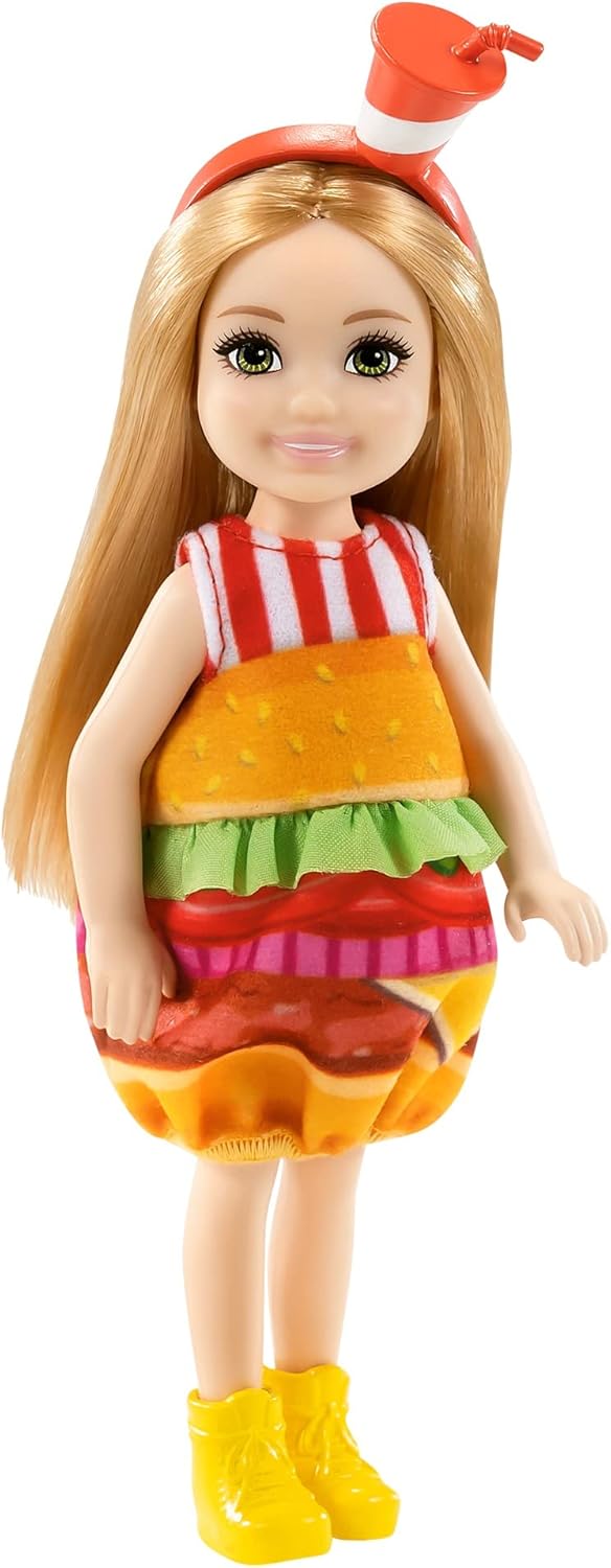 Barbie Club Chelsea Dress-Up Doll (6-inch Blonde) in Burger Costume with Pet and Accessories, Gift for 3 to 7 Year Olds
