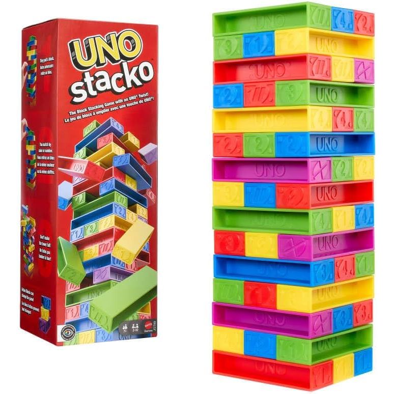 Mattel Games UNO Stacko Game for Kids & Family with 45 Colored Stacking Blocks & Loading Tray, Build & Play, Game Nights & Parties