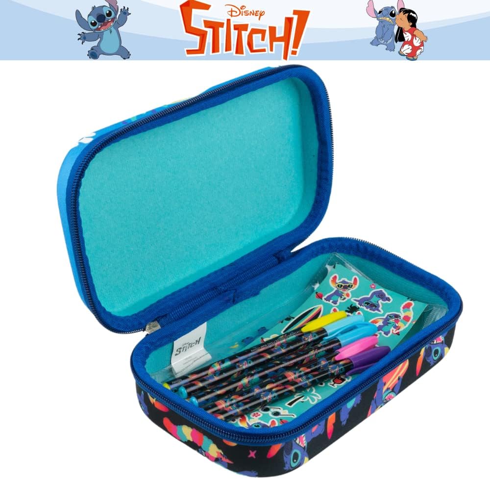 Innovative Designs Disney Stitch Pencil Case Set with Stickers and Gel Pens for Kids, Molded with Zip Closure, Blue