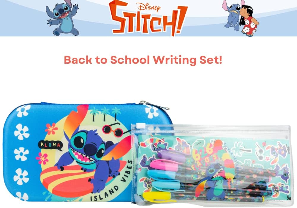 Innovative Designs Disney Stitch Pencil Case Set with Stickers and Gel Pens for Kids, Molded with Zip Closure, Blue