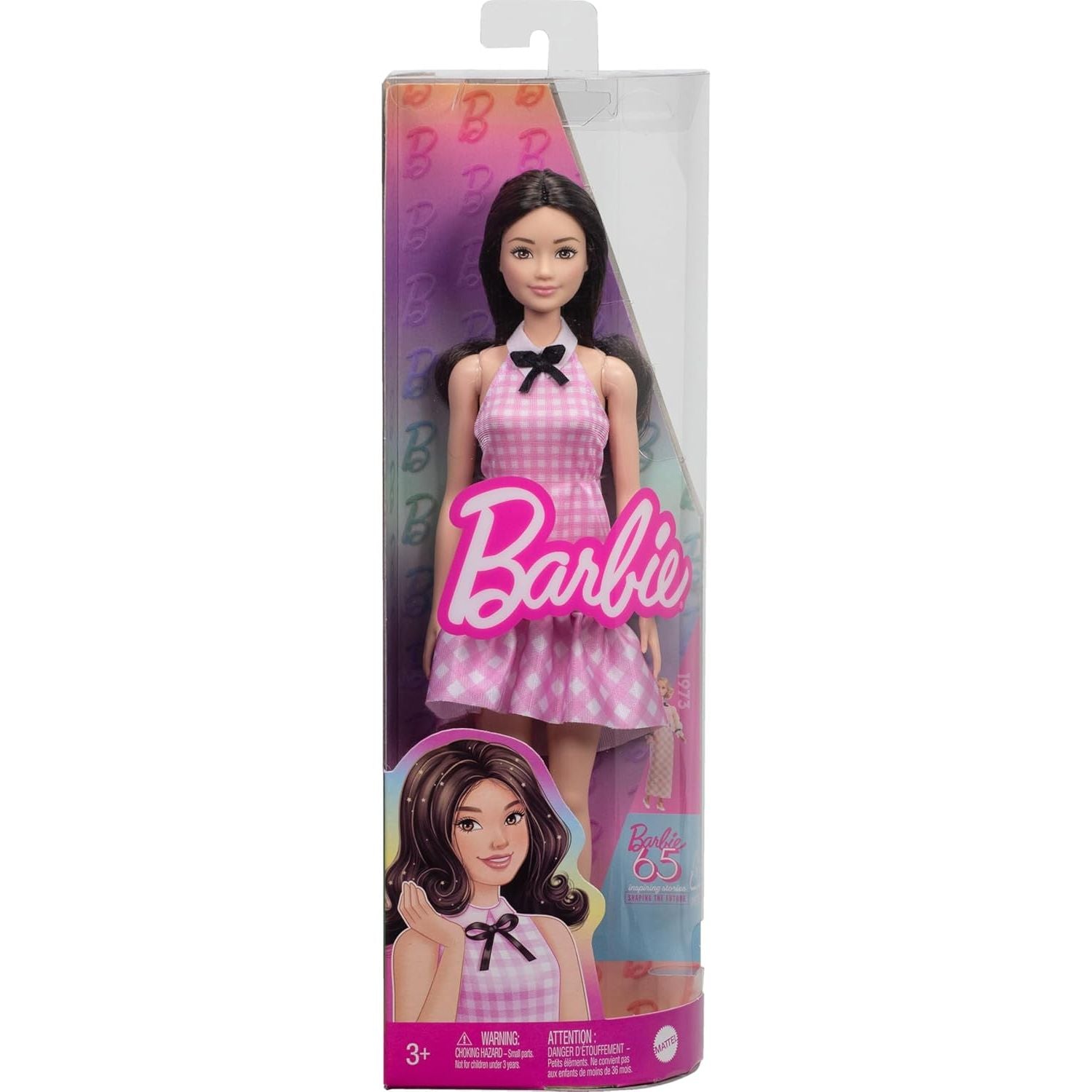 Barbie Fashionistas Doll #224 with Black Wavy Hair, Pink Gingham Dress & Accessories, 65th Anniversary Collectible Toy