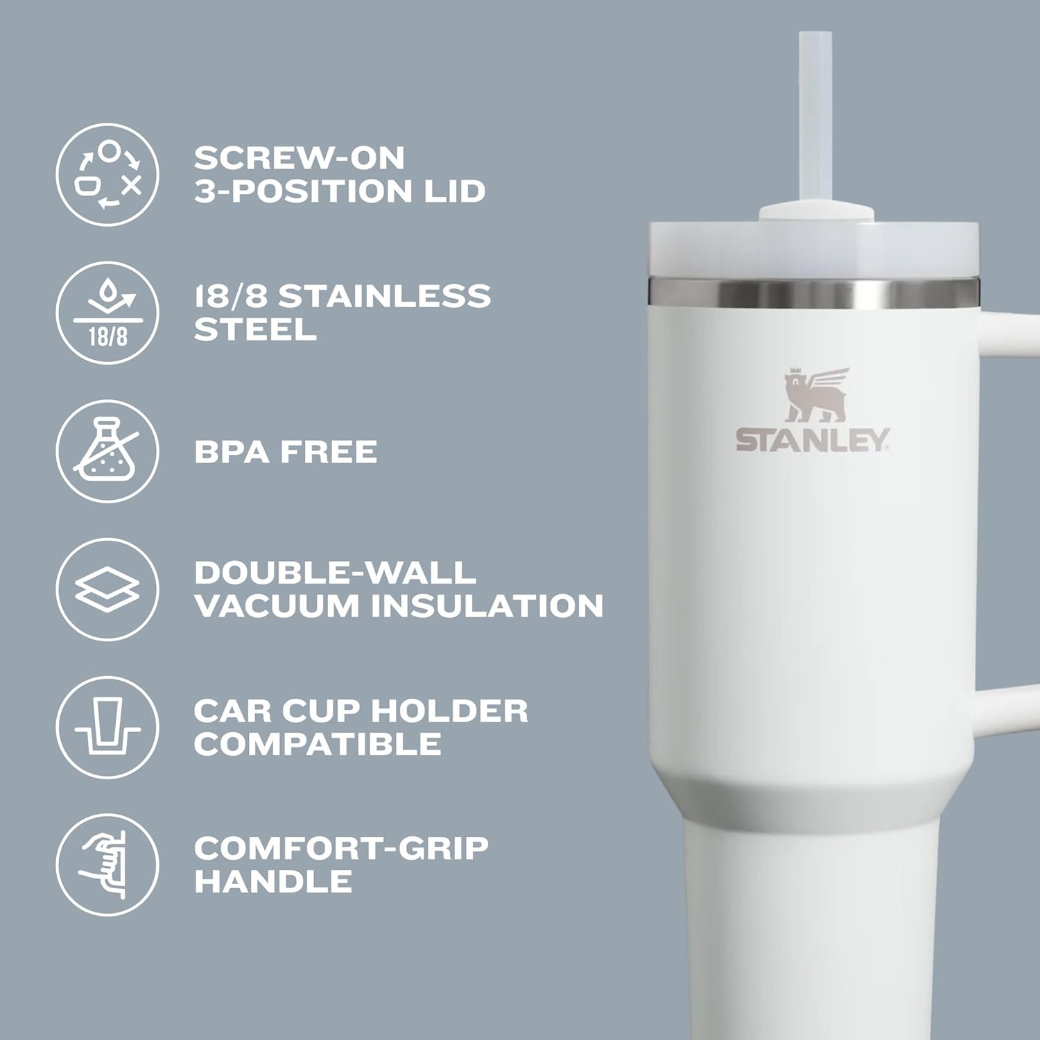 STANLEY Quencher H2.0 Tumbler with Handle and Straw 40 oz | Flowstate 3-Position Lid | Cup Holder Compatible for Travel | Insulated Stainless Steel Cup | BPA-Free | Stone