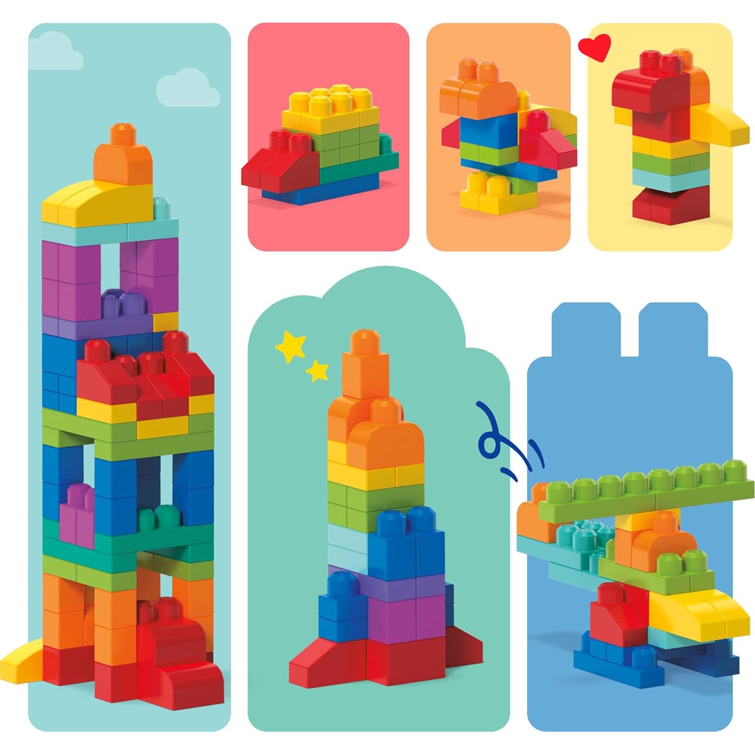 Mega Bloks First Builders Toddler Blocks Toys Set, Big Building Bag with 80 Pieces and Storage, Ages 1+ Years