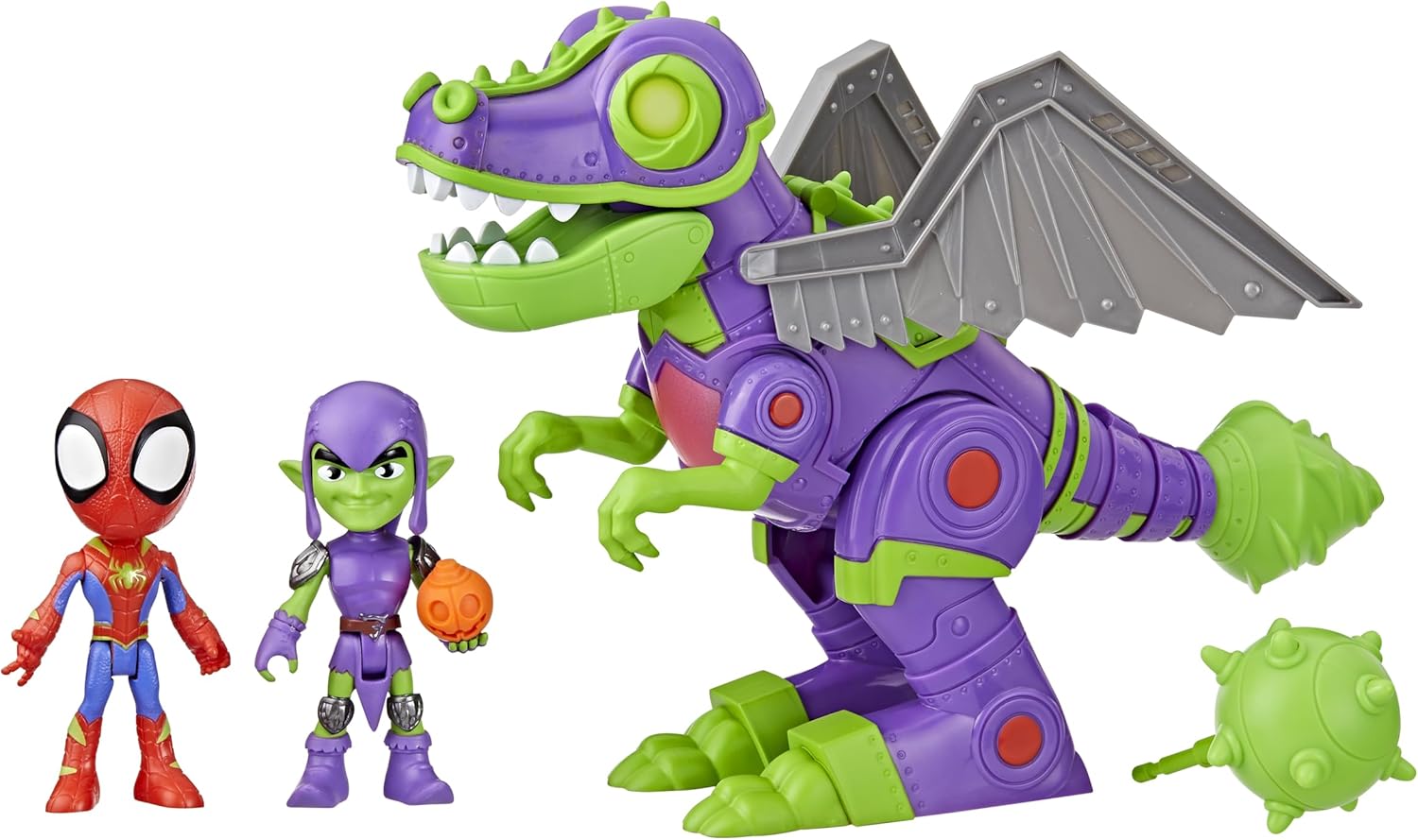 Marvel Spidey and His Amazing Friends Dino-Webs Goblinsaurus Mech Pack, 2 Action Figures and Dino Mech Suit, Preschool Super Hero Toys for Kids 3+