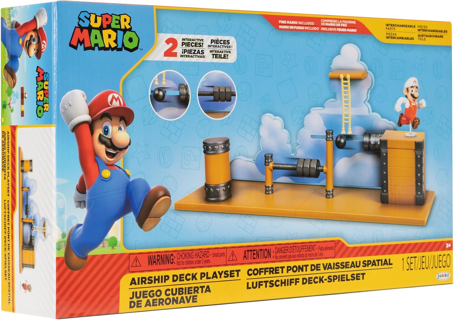 Super Mario Deluxe 2.5in Bowser's Air Ship Playset with Fire Mario Action Figure, Rope Ladder and Screw-Bolt Obstacles