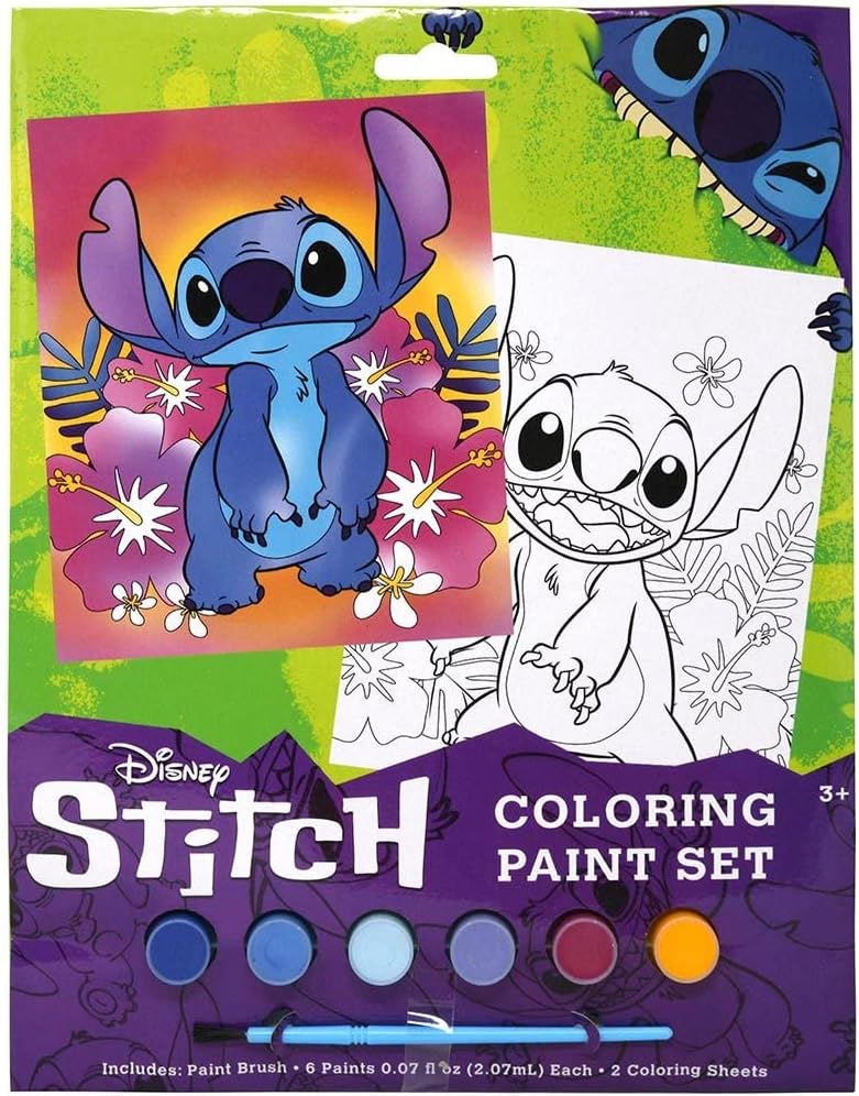 Disney Stich Coloring Paint Set - Disney Lilo and Stitch Movie Kids Art Set, Includes 6 Acrylic Paint Set, Brush, and 2 Coloring Sheets, Fun Children Painting Set Activity for Boys and Girls Ages 3+