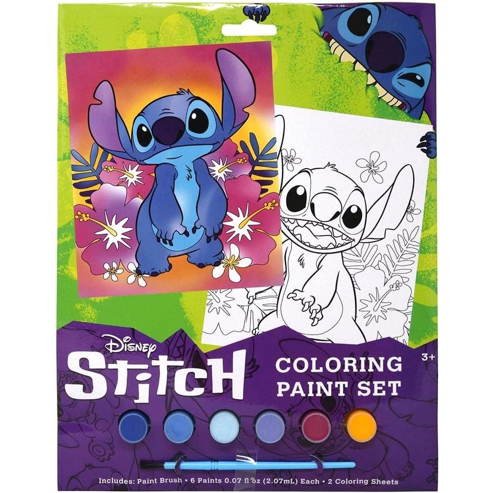 Disney Stich Coloring Paint Set - Disney Lilo and Stitch Movie Kids Art Set, Includes 6 Acrylic Paint Set, Brush, and 2 Coloring Sheets, Fun Children Painting Set Activity for Boys and Girls Ages 3+