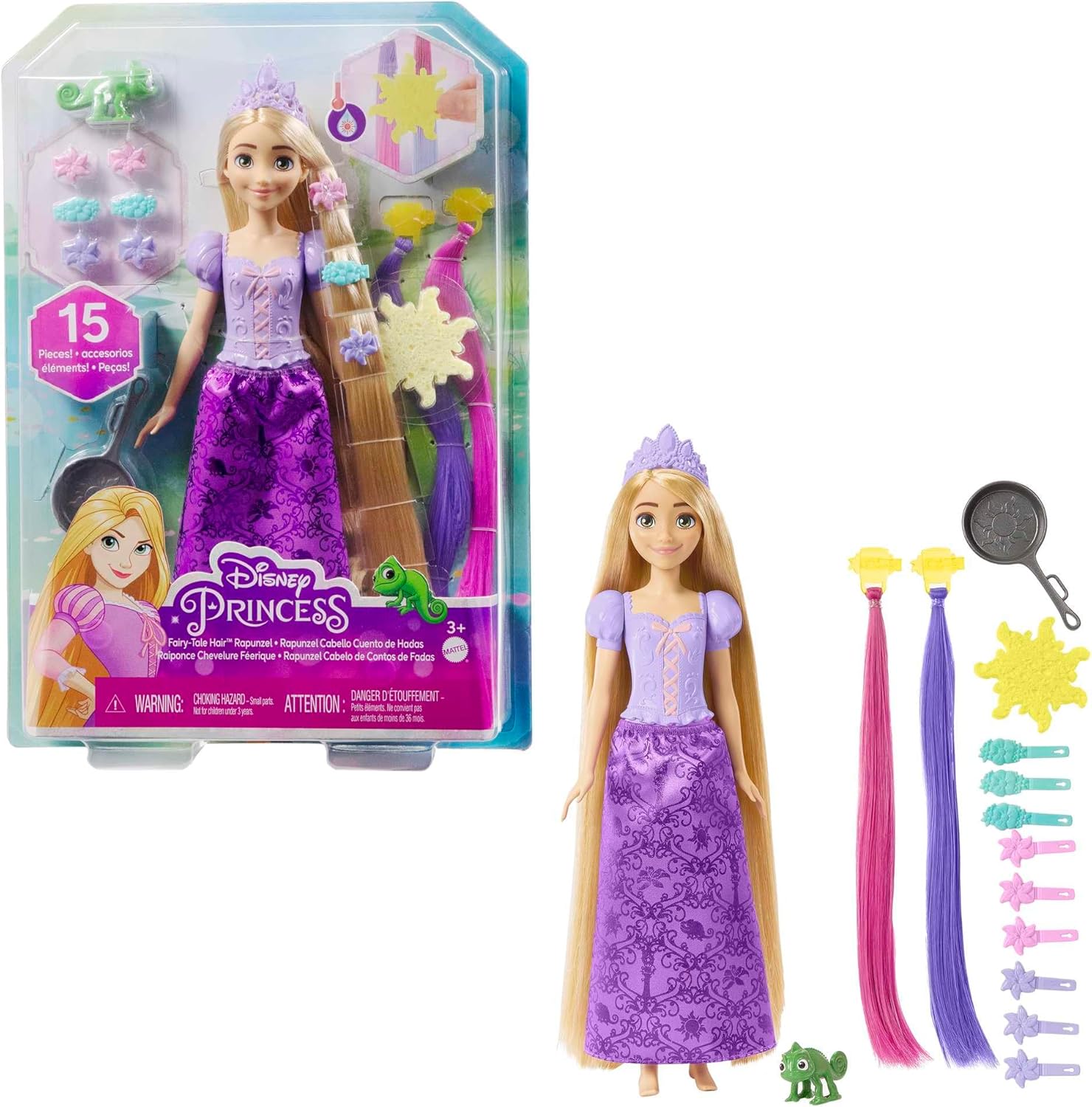 Mattel Disney Princess Rapunzel Fashion Doll with 2 Color-Change Hair Extensions & 10 Hairstyling Pieces, Inspired by The Disney Movie Tangled