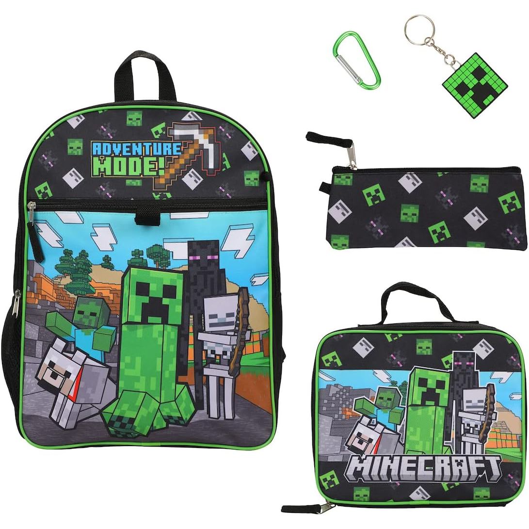 BIOWORLD Unisex Minecraft Adventure Mode 5-Piece Backpack set (Little Kid/Big Kid), Green, One size