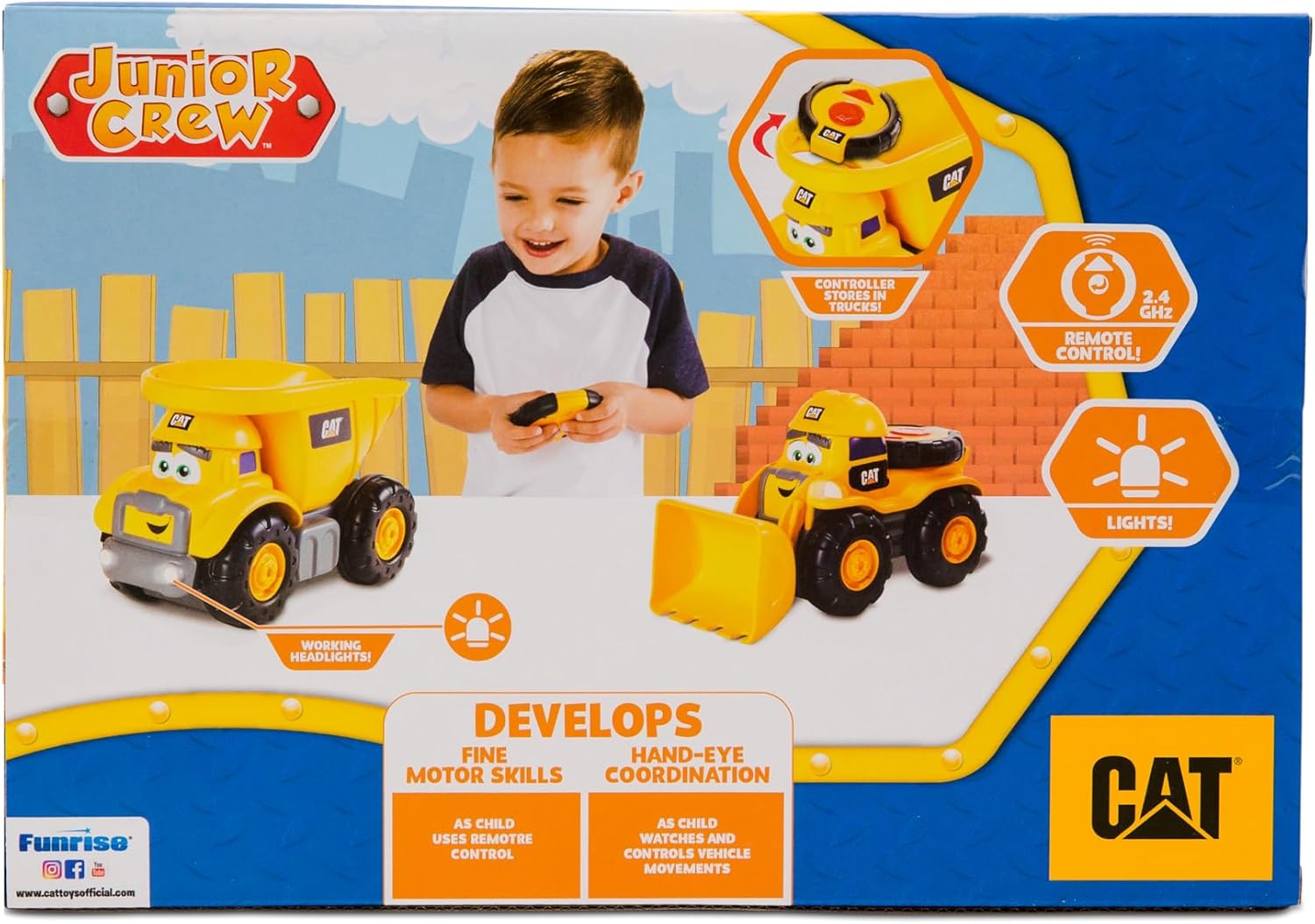 CAT Construction Toys, Junior Crew Lil' Movers Remote Control Truck, RC Car + Dump Truck, Working Headlights, with Child Friendly Controller
