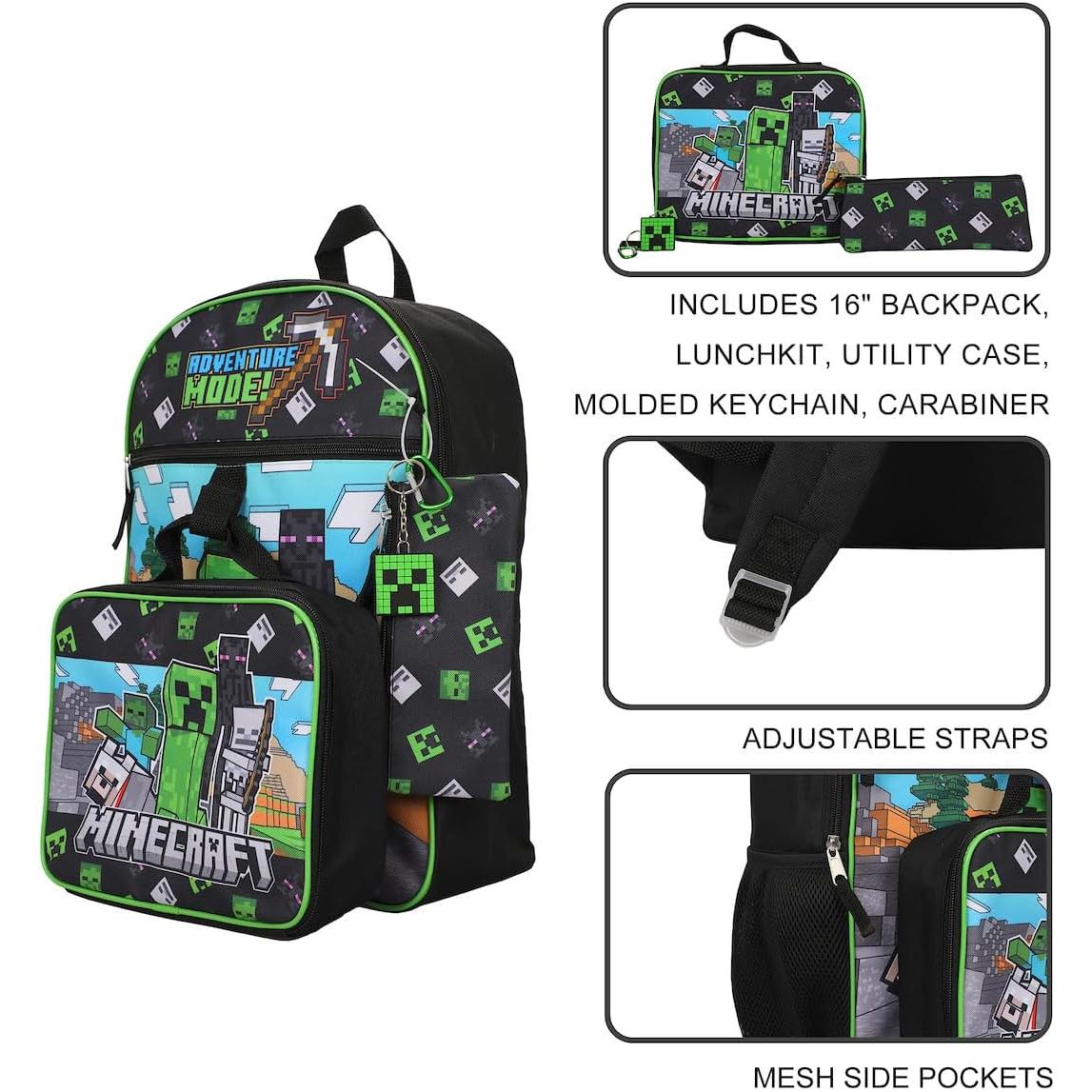 BIOWORLD Unisex Minecraft Adventure Mode 5-Piece Backpack set (Little Kid/Big Kid), Green, One size